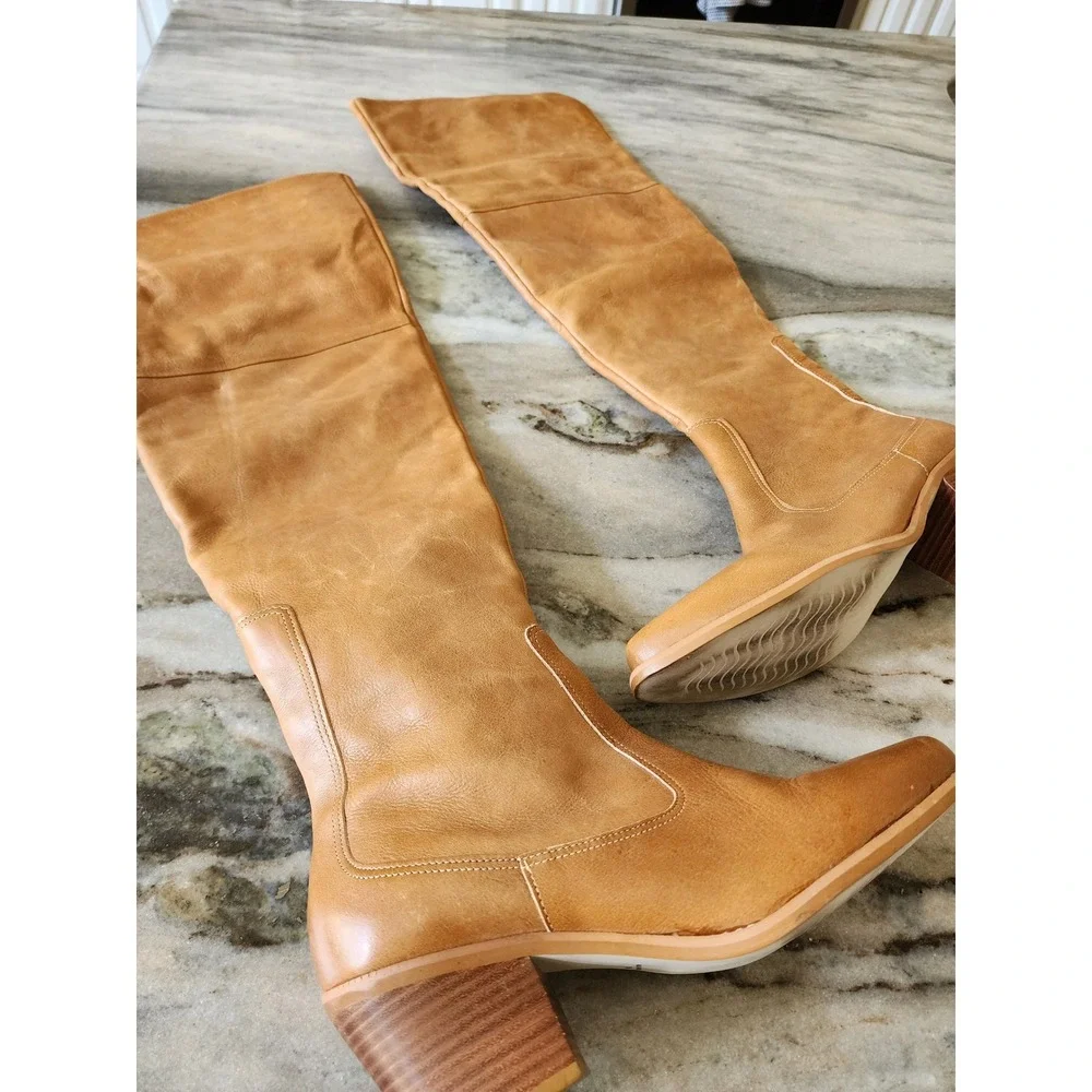 Matisse Tan Genuine Leather Over the Knee Block Heel Boots Womens 8M